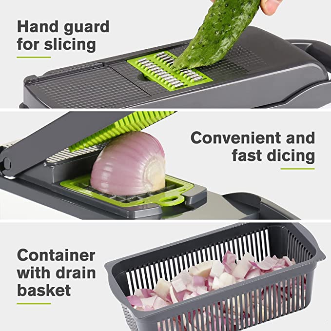 Cortador picador de vegetales y frutas con recipiente de almacenamiento rallador rebanador