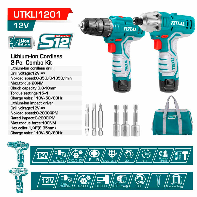 Kit combo inalámbrico de litio drill e impacto 12V