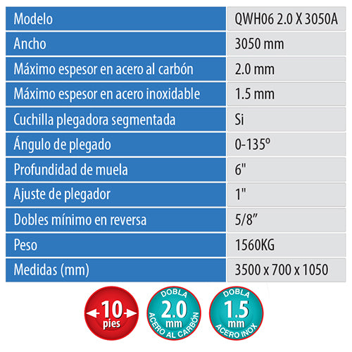 Dobladora de laminas manual de muelas 3 mts de largo (10 pies). Espesor en  acero al carbon 2.0 mm (