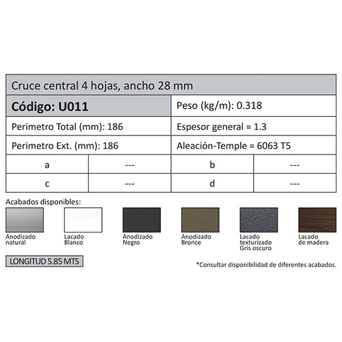 Perfil Cruce Central 4 Hoja de 28x66. Espesor 1.3 mm. Largo 5.85 mts. Acabado Lacado Gris Oscuro Tex