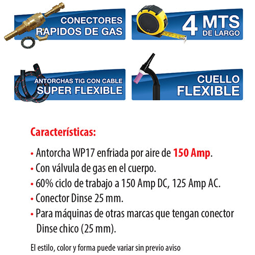 Antorcha TIG WP 17 cabeza flex con valvula (Dinse 25mm Chico). 4 mts.