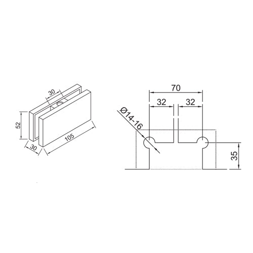conector doble para vidrio muro. satinado. (Se vende por unidad)