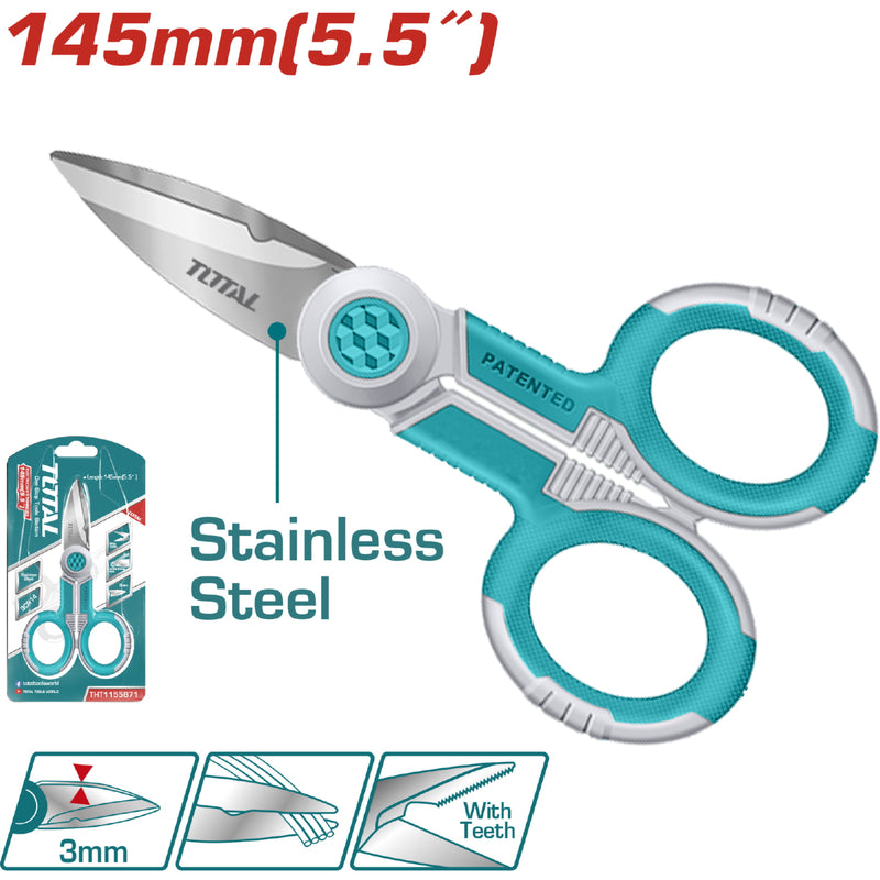 Tijera de Electricista de 145 mm (5-1/2") de Acero Inoxidable. Ancho de la Hojilla: 3.0mm.