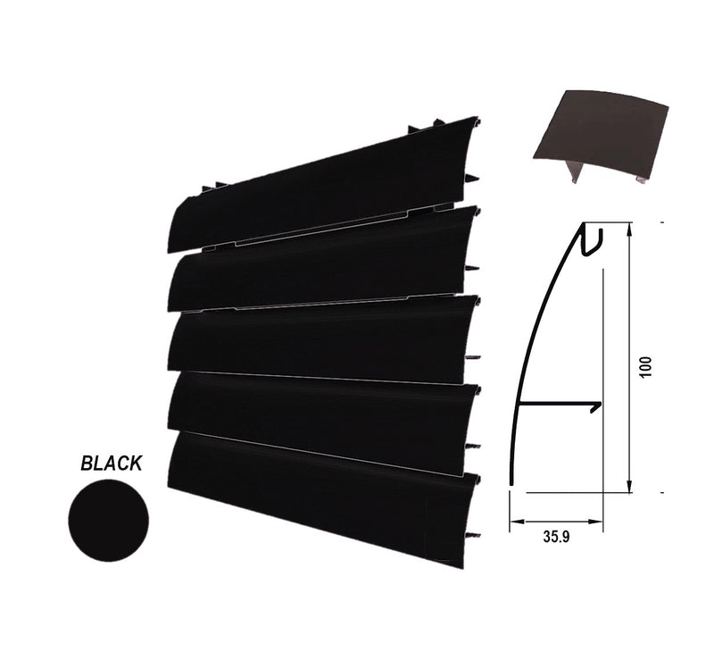 Lama Louver Curva Negra para clipar en marco U127 Ancho 100x35x1mm 5.85m long.