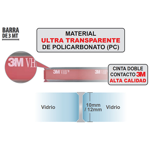 Junta ultra-transparente de vidrio-vidrio de 10 mm. 3 mt