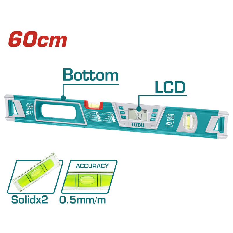Nivel de burbuja digital, Aluminio 1.5mm de espesor, Longitud: 60 cm.