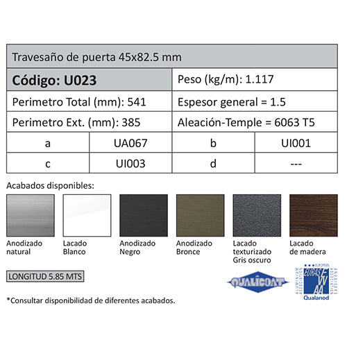 Pilastra Marco Fijo Puerta. Espesor 1.5 mm. Largo 5.85 mts. Acabado Anodizado Silver 15 Micron.