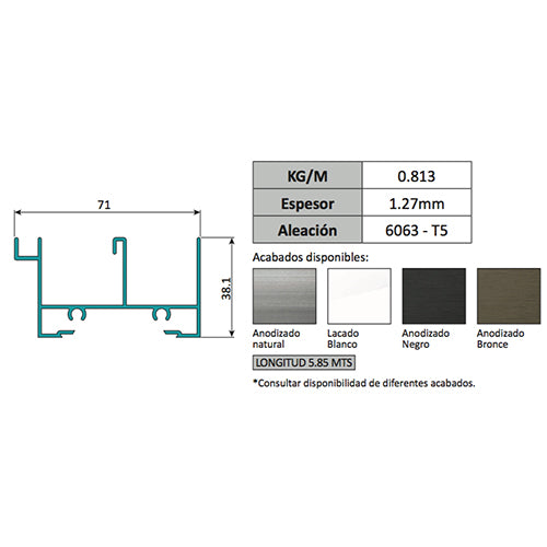Marco Superior Ventana VC mosquitero. Espesor 1.27 mm Largo 5.85 mts. Acabado Anod Natural VC124
