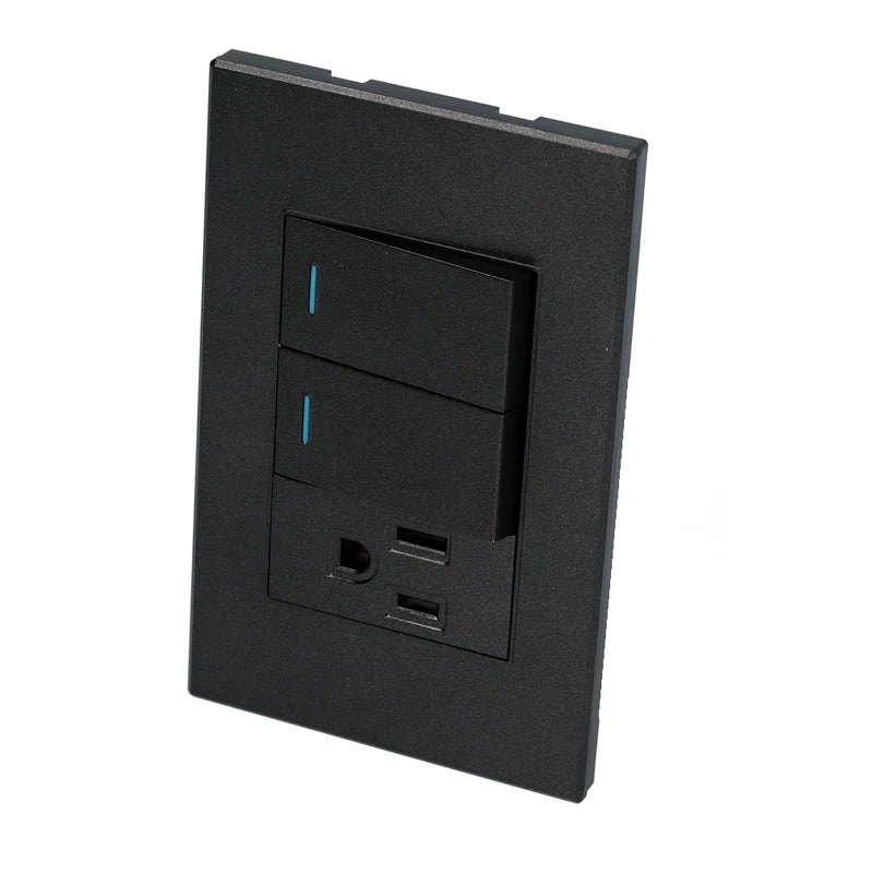 Interruptor/Enchufe con 2 apagadores 1 contacto negro 1/3 Surtek.