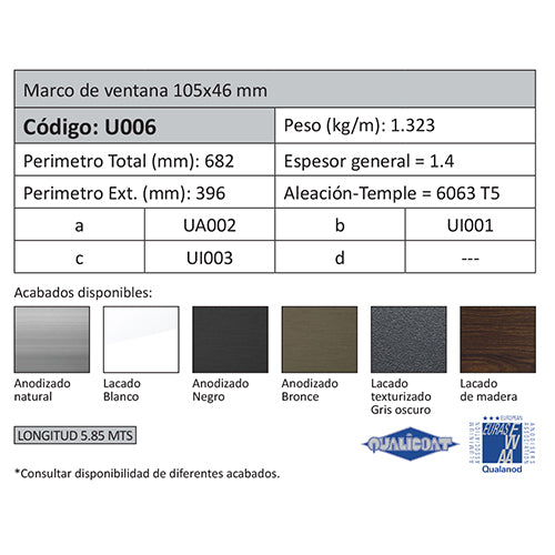 Marco Fijo Ventana 105 mm. Espesor 1.4 mm. Largo 5.85 mts. Acabado Anodizado Silver 15 Micron.