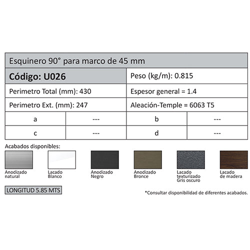 Esquinero Marco 45 mm. Espesor 1.4 mm. Largo 5.85 mts. Acabado Lacado Blanco.