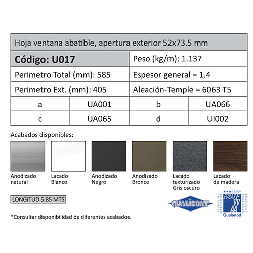 Hoja Ventana Abatible 52x65 mm Apertura Exterior. Espesor 1.4 mm. Largo 5.85 mts. Acabado Anodizado