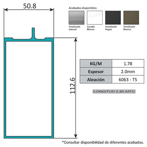 Travesaño Muro Cortina Perfil Oculto. Espesor 2.0 mm. Largo 5.85 mts. Acabado Anodizado Silver 15 Mi