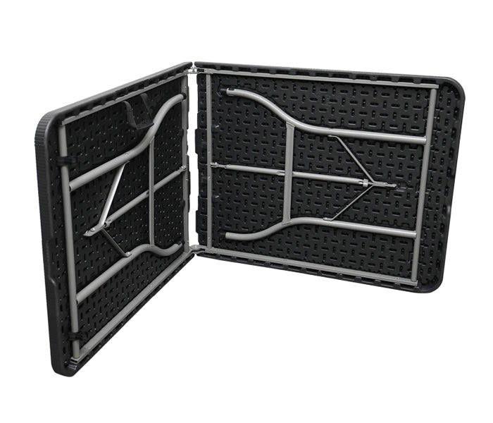 Mesa plástica plegable estilo rattan de 6 pies x 2.5 pies con marco de acero revestido.