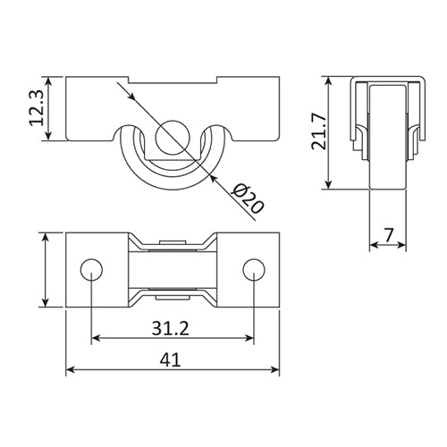 Rueda para ventana corredera VC. Cuerpo metálico y rueda de nylon de 20 mm. No regulable.