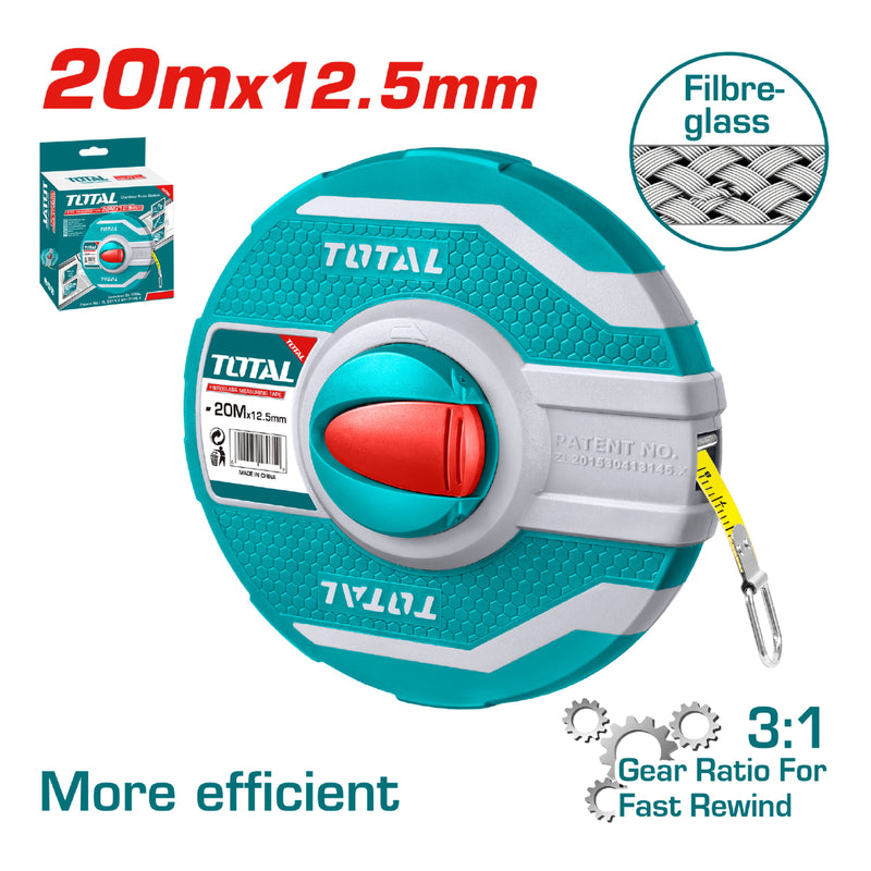 Cinta Metrica de 20 m de Fibra de Vidrio. Ancho 12.5 mm. Relación de Guardado Rapido de 3:1. M-Pulg