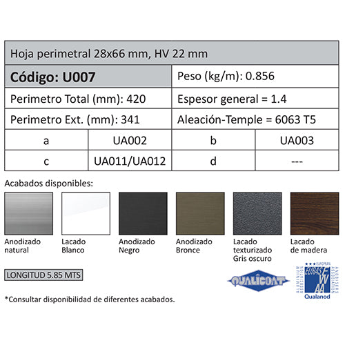 Perfil Hoja Perimetral de 28x66 HV 22 mm. Espesor 1.4 mm. Largo 5.85 mts. Acabado Lacado Gris Oscuro