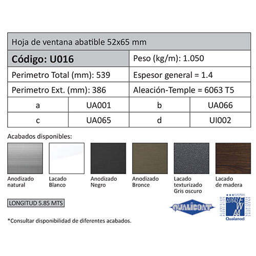 Hoja Ventana Abatible 52x65 mm. Espesor 1.4 mm. Largo 5.85 mts. Acabado Lacado Madera Texturizado. (