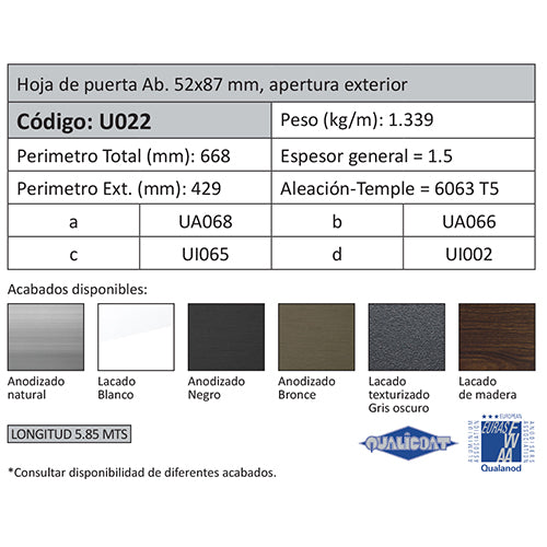Hoja Puerta Abatible 52x87 mm Apertura Exterior. Espesor 1.5 mm. Largo 5.85 mts. Acabado Anodizado B