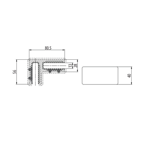 Clip vidrio 90 sin perforacion. 8-12.76 mm. 40 mm de alto. Satinado.