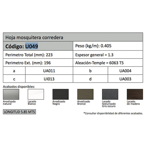Marco Mosquitera Slim. Espesor 1.1 mm. Largo 5.85 mts. Acabado Anodizado Silver 15 Micron