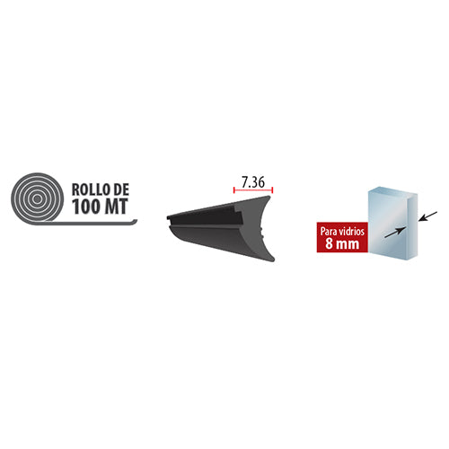 Junta de acristalar de 4 mm.  EPDM alta calidad. Se vende rollo de 150 mts. Color negro.