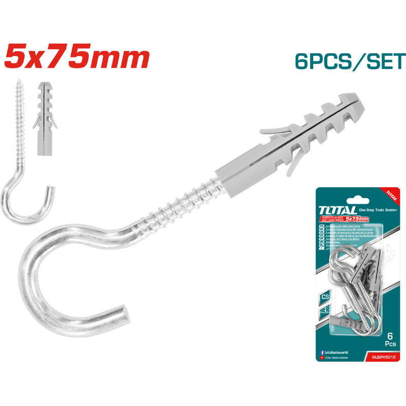 6 pza/ Juego tornillo de gancho  5mm  y taco 8x40 mm. Galvanizado.