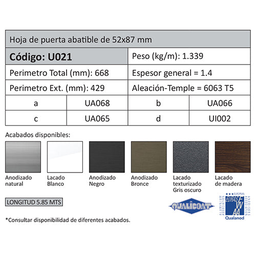 Hoja Puerta Abatible 52x87 mm. Espesor 1.5 mm. Largo 5.85 mts. Acabado Anodizado Silver 15 Micron.
