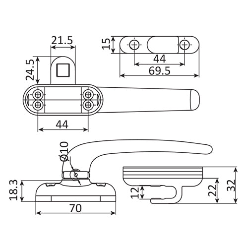 Manilla de cierre a presion para ventana y puerta. Incluye recibidor, calzo de nivelacion y tornill