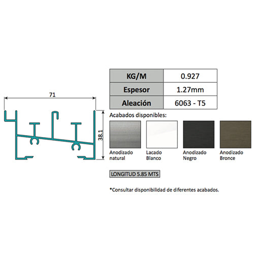 Marco Inferior Ventana VC mosquitero. Espesor 1.27 mm Largo 5.85 mts. Acabado Lacado Blanco VC122