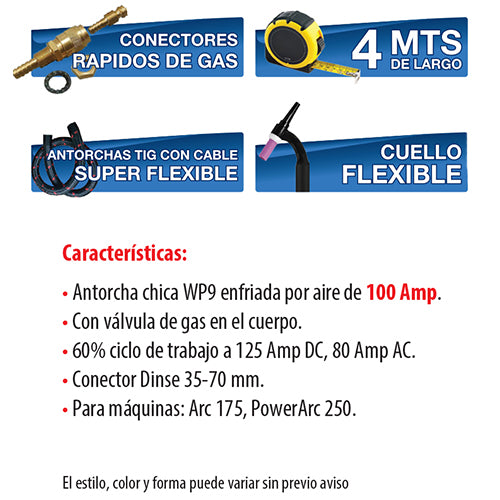 Antorcha TIG WP 9 cabeza flex con valvula (Dinse 35mm). 4 mts.