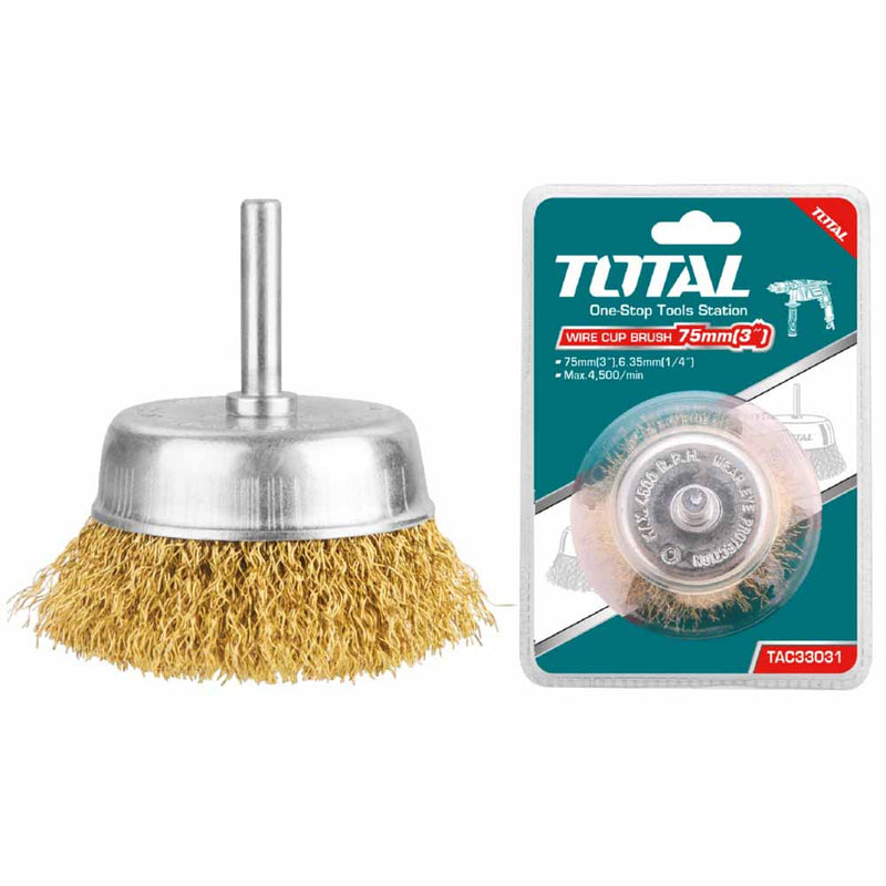 Cepillo de alambre de copa circular con vastago de 75mm. Para taladro. Diámetro del vastago: 6.35 mm