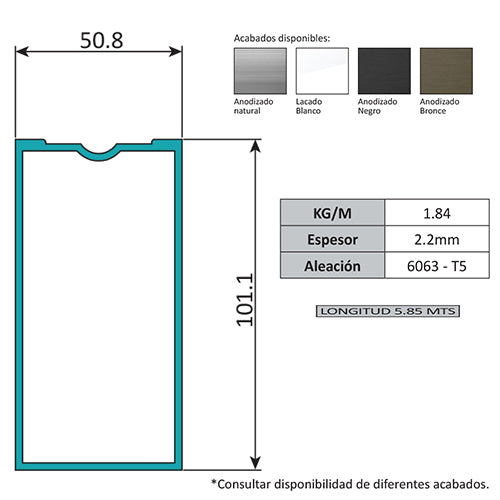Vertical Muro Cortina Perfil Oculto. Espesor 2.2 mm. Largo 5.85 mts. Acabado Lacado Blanco