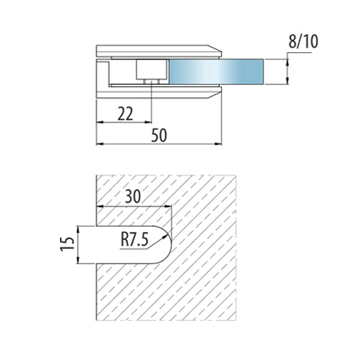 Clip sencillo vidrio muro  Aleacion ZAMAC. Economico Acabado Brillante. Vida util 2-3 años
