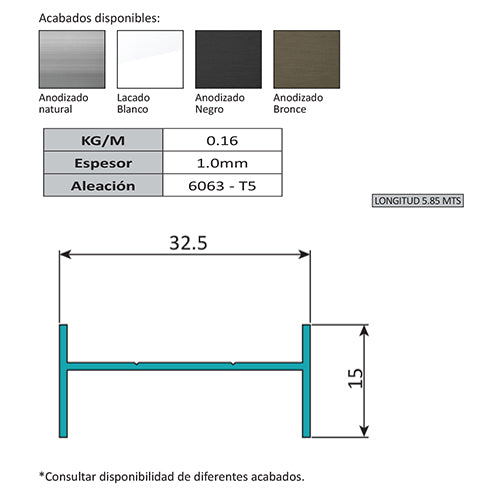 Marco H para Louver Z de 32.5 x 15 mm. Espesor 1.0 mm. Largo 5.85 mts. Acabado Lacado Blanco.
