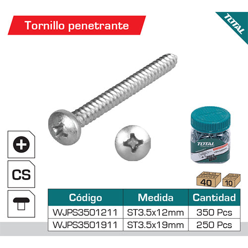250/pzas Tornillo penetrante  ST3.5x19mm estrella phillips cabeza plana. galvanizado.