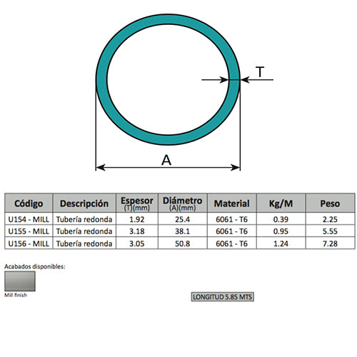 Perfiles de Aluminio Redondo 1 1/2". Espesor 3.18 mm Largo 5.85 mts. Material 6061-T6. Acabado Mill.