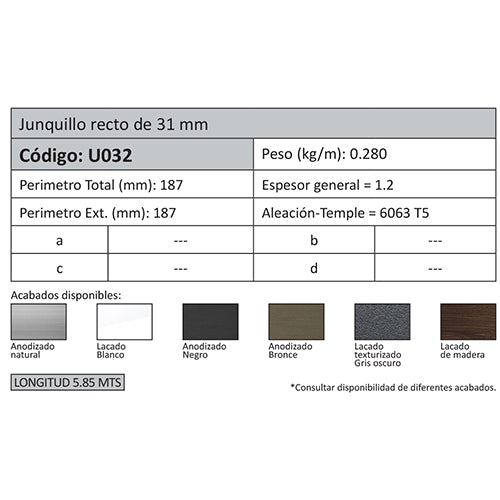 Junquillo Recto 31mm. Espesor1.1mm. Largo 5.85 mts. Acabado Anodizado Silver 15 Micron.