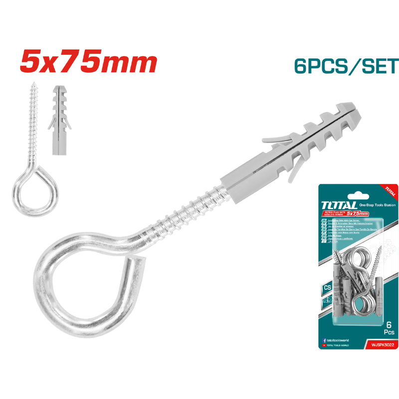 6 pza/ Juego tornillo de aro  5mm  y taco 8x40 mm. Galvanizado.