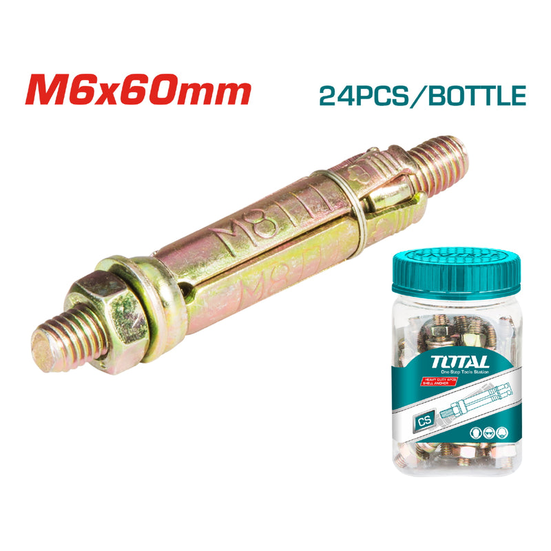 24/pza Taco galv de 4 pcs carcasa heavy duty M6x60. Diam. Externo 10 mm. Largo carcasa 40 mm.