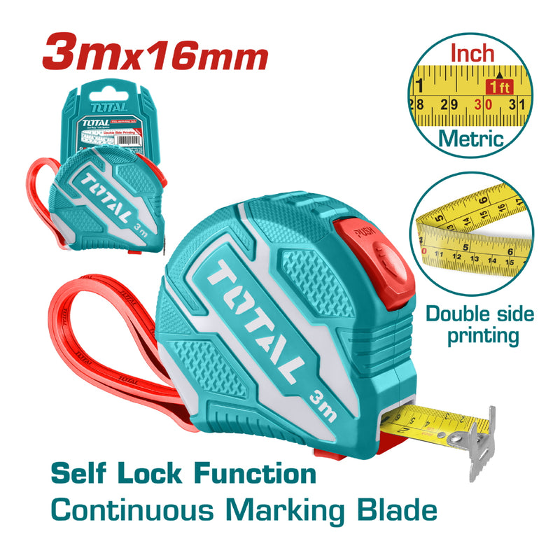 Cinta Metrica de Acero de 3 m X 16 mm. Metros/Pulgadas. Con doble boton de autobloqueo.