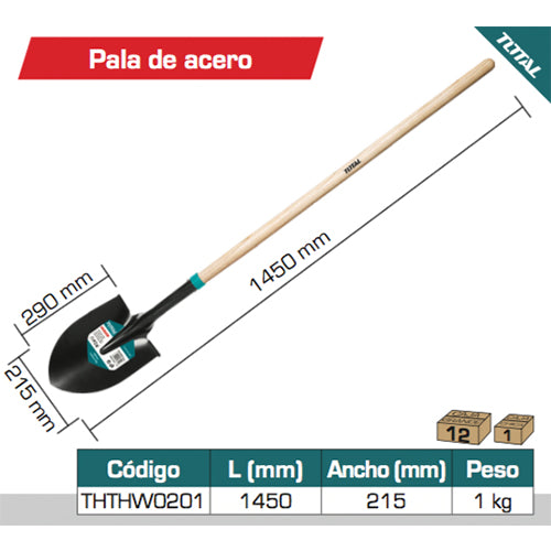 Pala de punta larga de 1450 mm con cabeza de 290x215 mm mango de madera