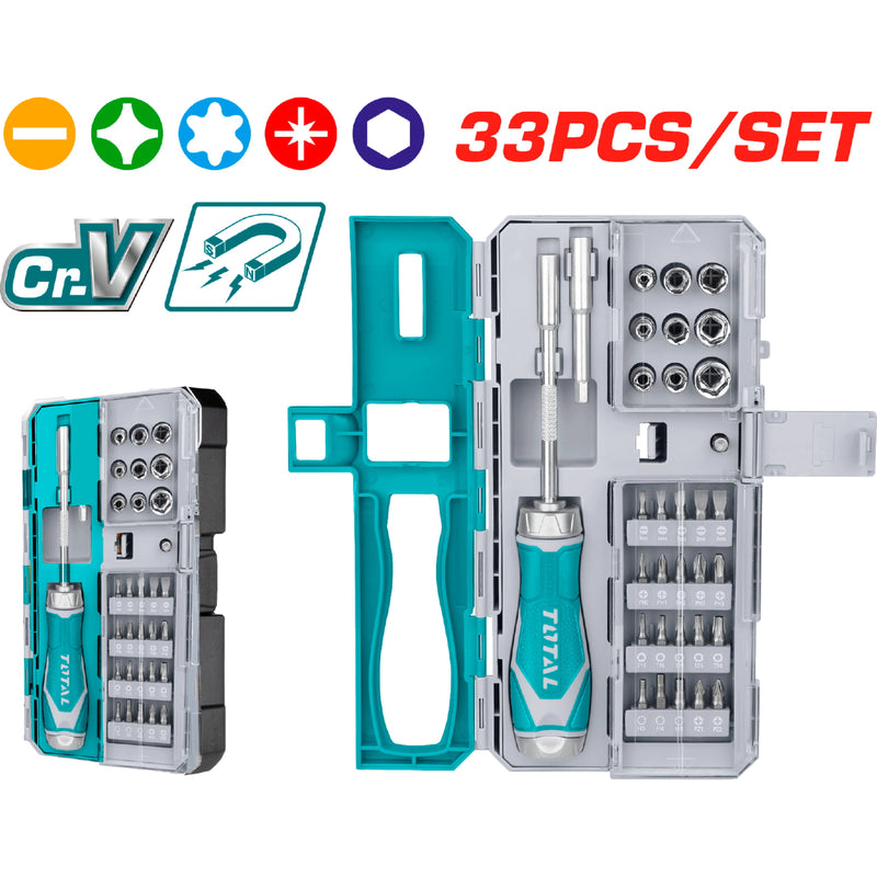 Juego de Destornillador de Ratchet de 33 piezas. CR-V. Cromo Vanadio