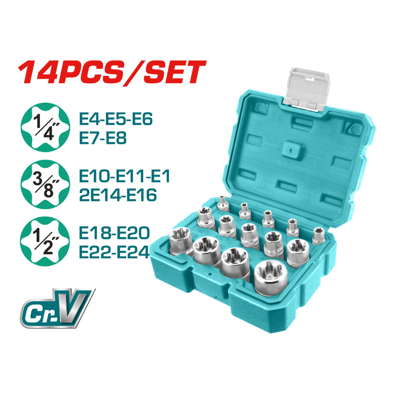 Juego de dados Socket tipo E de 14 piezas.Cr-V. (50 BV 0). Cromado de Tratamiento Termico.