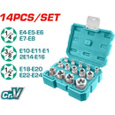 Juego de dados Socket tipo E de 14 piezas.Cr-V. (50 BV 0). Cromado de Tratamiento Termico.