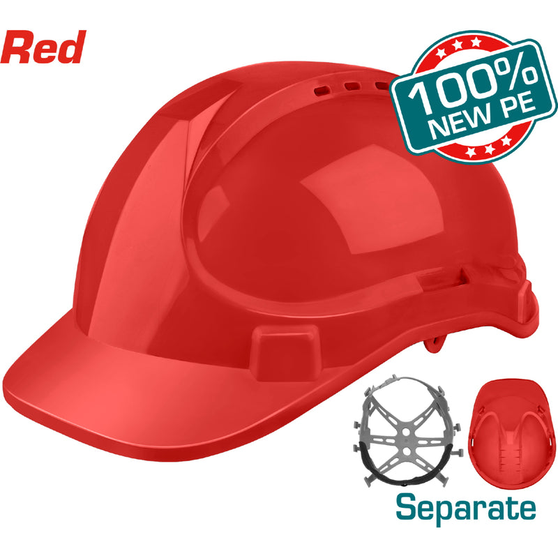 Casco de Seguridad Color Rojo. 8 Puntos de Suspension. Ajustable. Carcasa de PE con Respiraderos.
