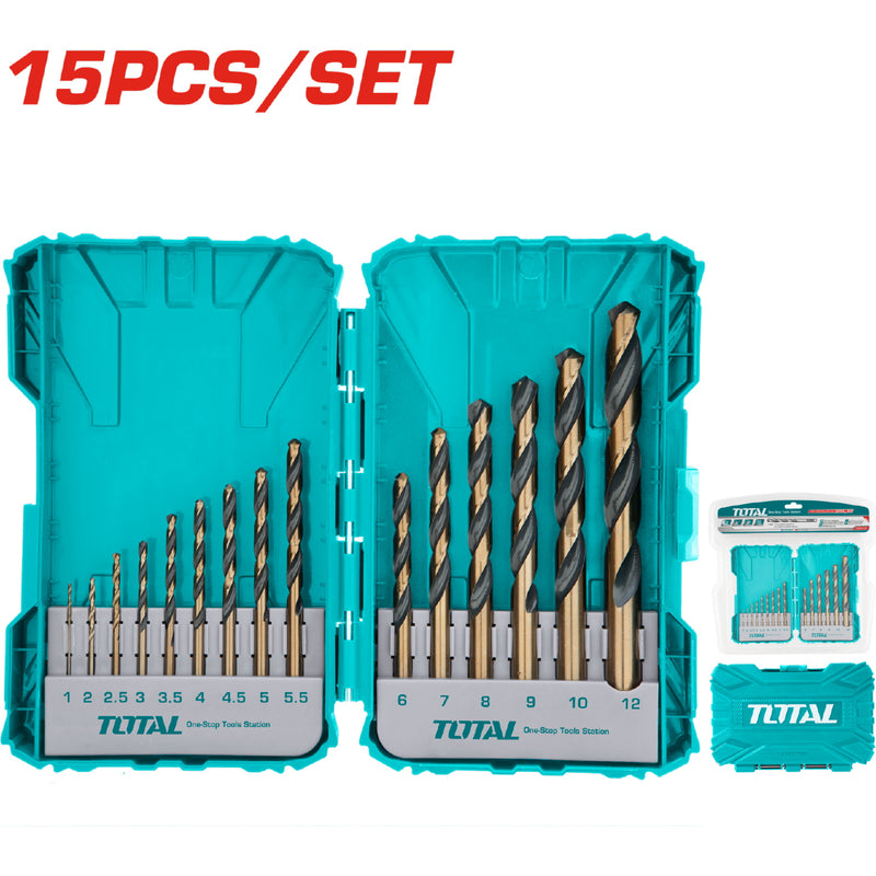 Juego de brocas 4341 HSS de 15 piezas para Taladro. Tamaños: 1,2,2.5,3,3.5,4,4.5,5,5.5,6,7,8,9,10,12 mm