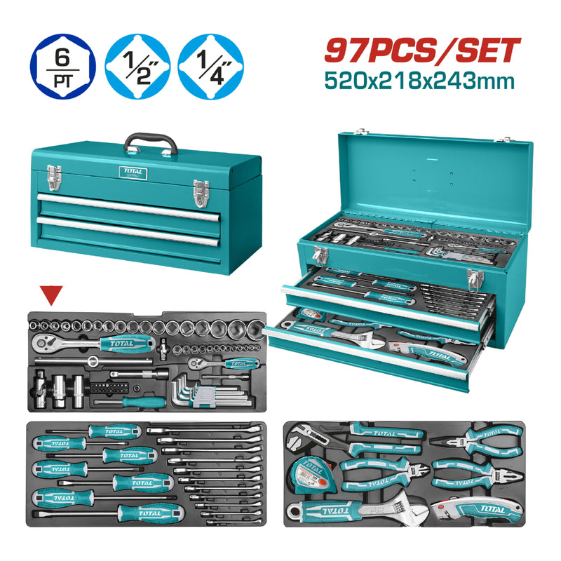 Juego de herramientas de 97 piezas en la caja de herramienta.