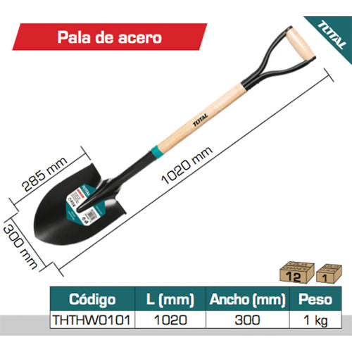 Pala de punta con mango de madera 1020mm. Pala 285mm x 300 mm. Material: Acero al Carbon.
