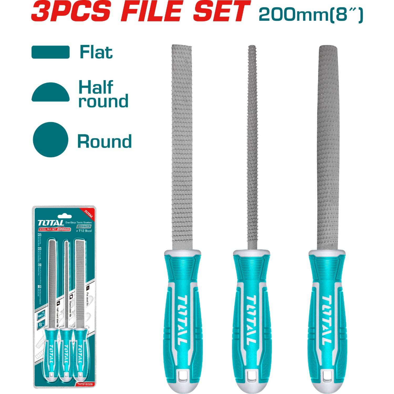 Set de 3 limas  para madera. Plana , redonda y media caña. Largo 8"mm. Acero T12.